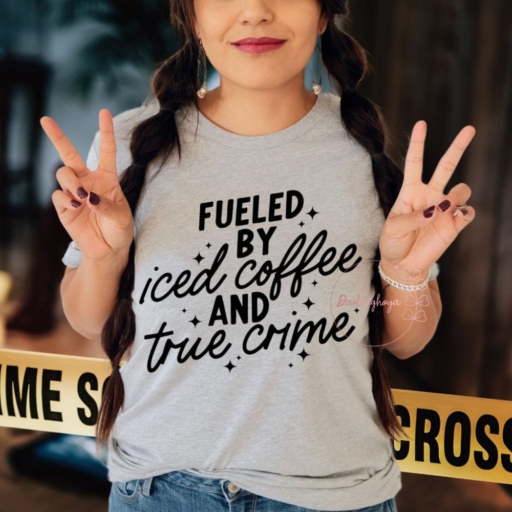 Fueled by Iced Coffee and True Crime Unisex Short Sleeve Graphic T-Shirt - Gray